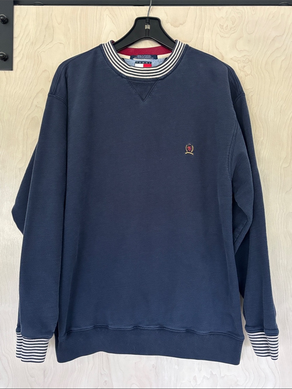 Vintage Tommy Hilfiger Navy Crewneck Sweatshirt with Striped Rib